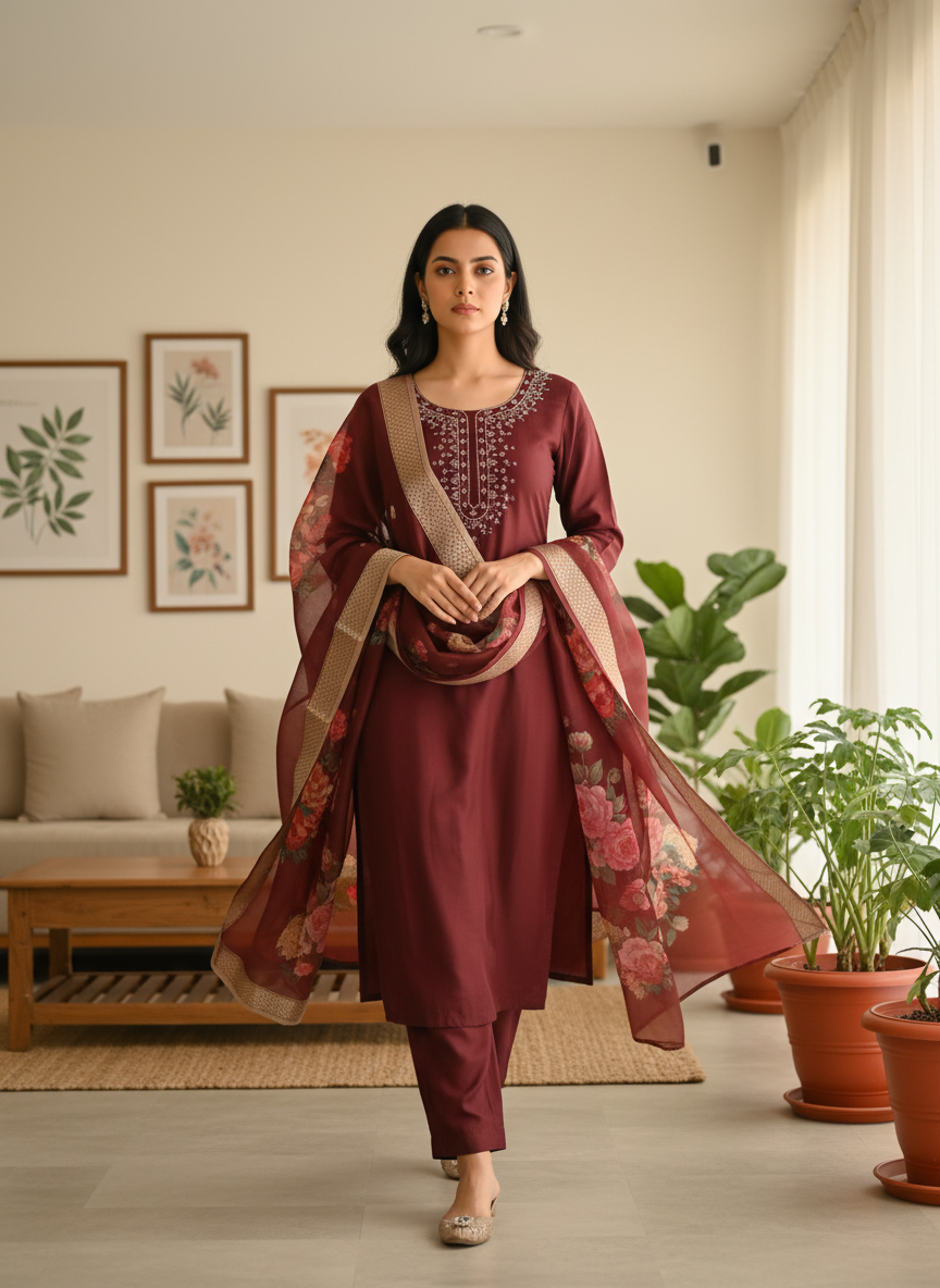 Wine Red Rayon Slub Ensemble with Floral Digital Print