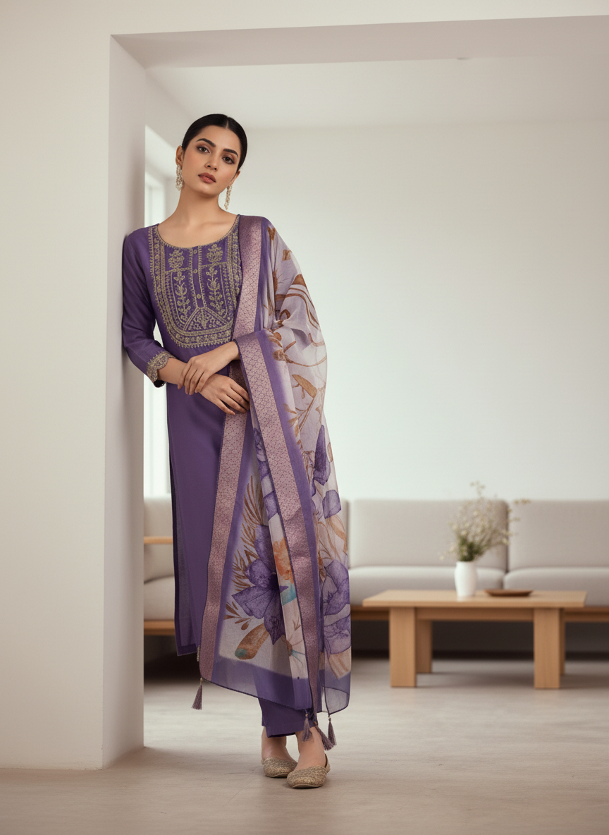 Elegant Lavender Rayon Set with Scalloped Hem