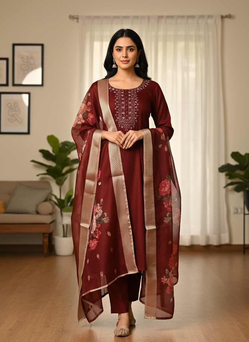 Wine Red Rayon Slub Ensemble with Floral Digital Print