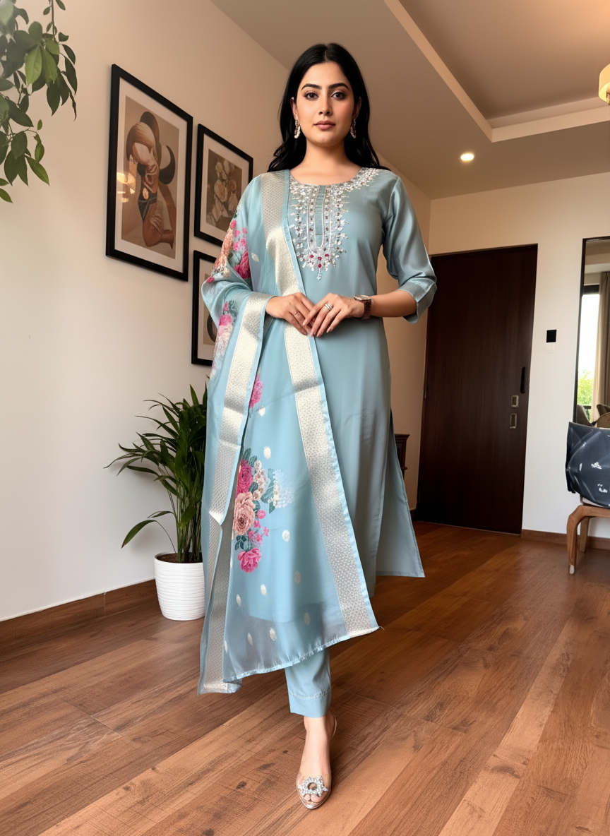 Pastel Sky Blue Rayon Set with Pink Floral Dupatta