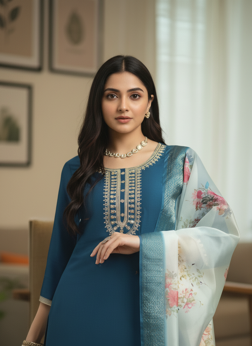 Peacock Blue Rayon Suit with White Floral Dupatta
