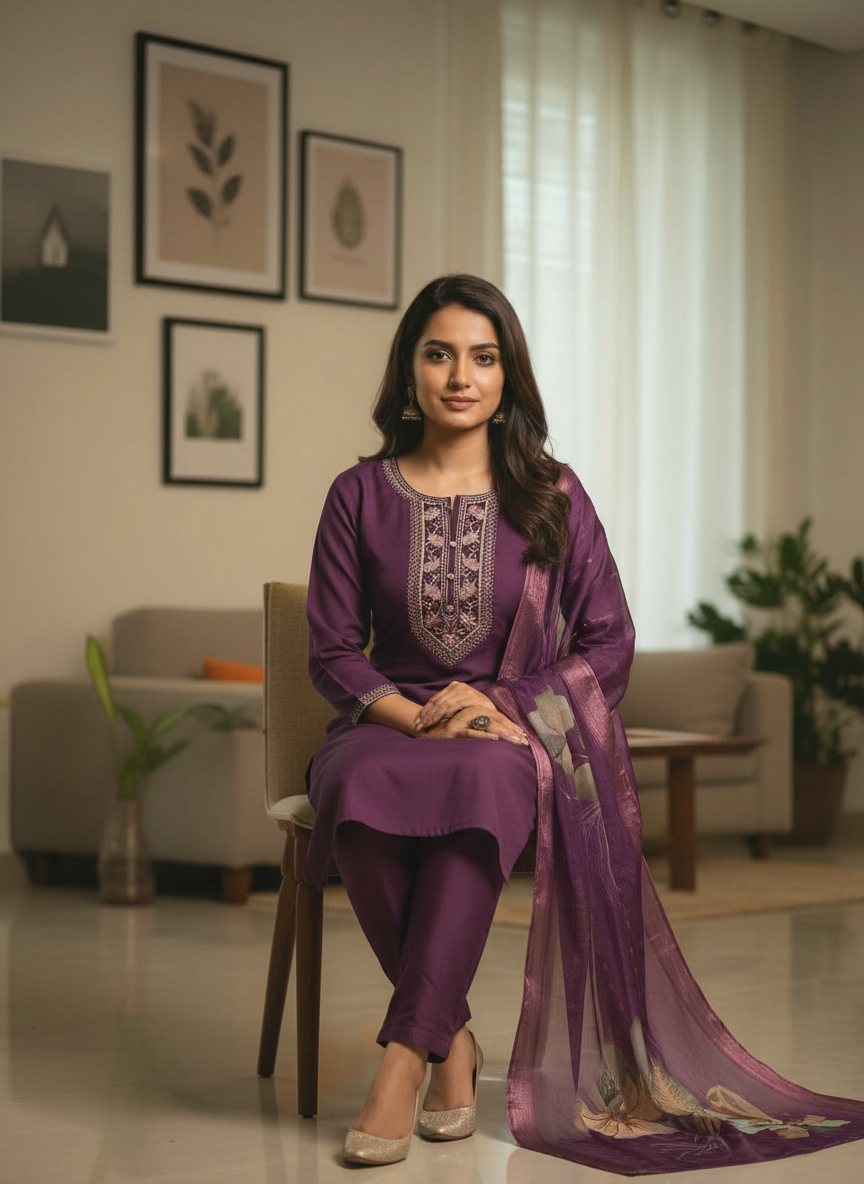 Deep Eggplant Purple Suit with Traditional Zari Work