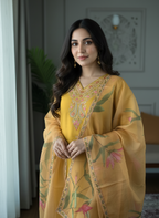 Sunshine Yellow Rayon Set with Large Floral Print Dupatta