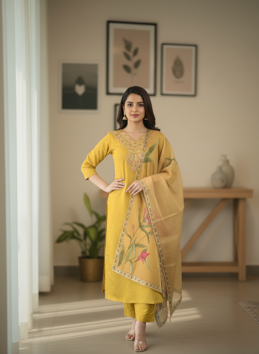 Sunshine Yellow Rayon Set with Large Floral Print Dupatta