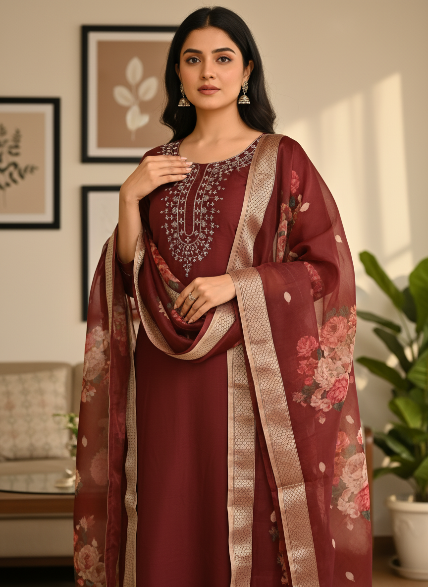 Wine Red Rayon Slub Ensemble with Floral Digital Print