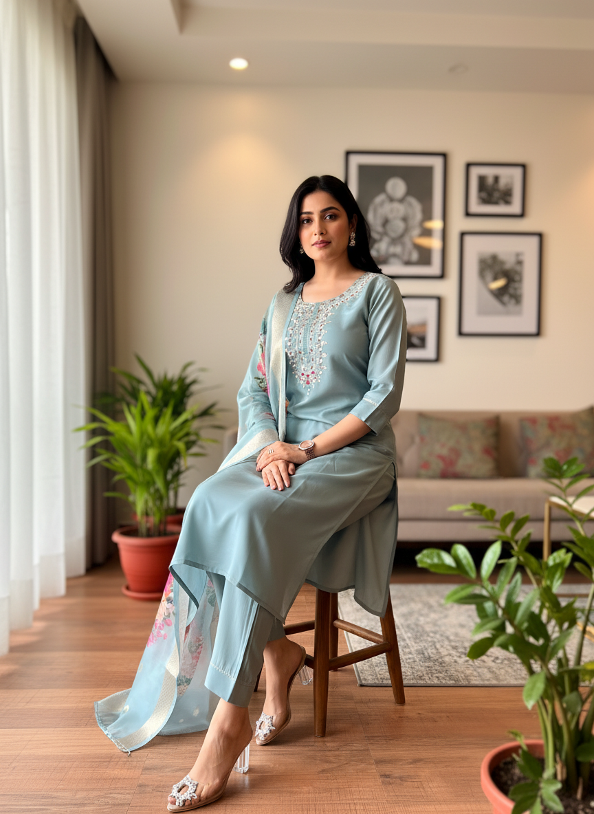 Pastel Sky Blue Rayon Set with Pink Floral Dupatta