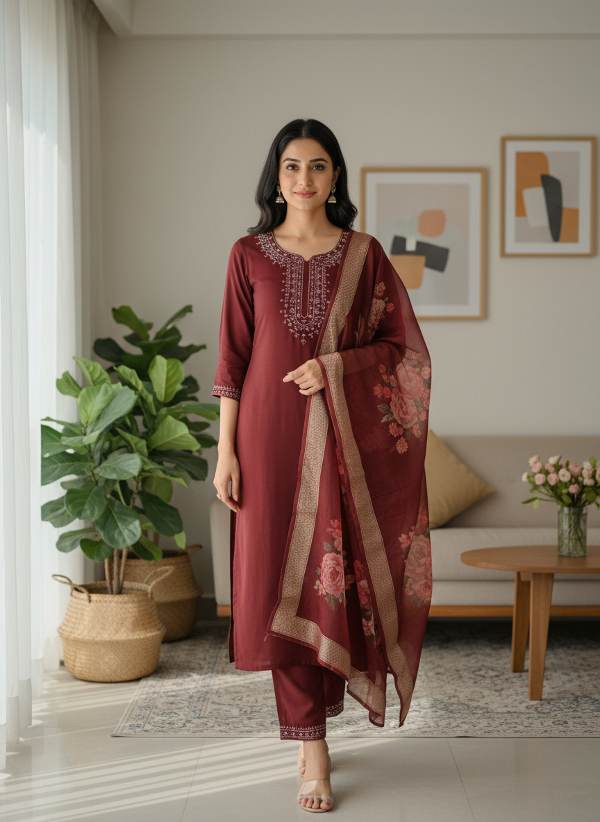 Wine Red Rayon Slub Ensemble with Floral Digital Print