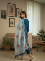 Peacock Blue Rayon Suit with White Floral Dupatta