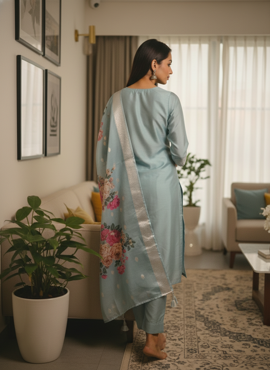 Pastel Sky Blue Rayon Set with Pink Floral Dupatta
