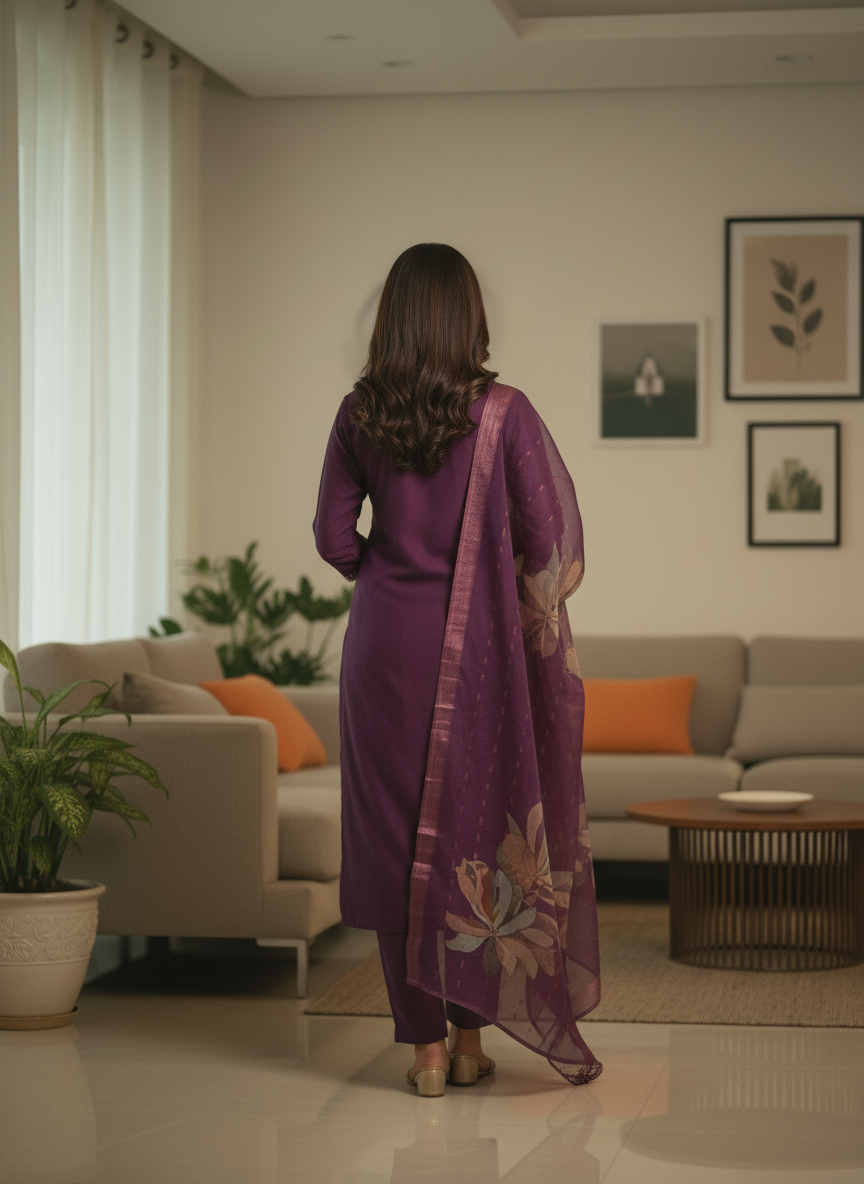 Deep Eggplant Purple Suit with Traditional Zari Work