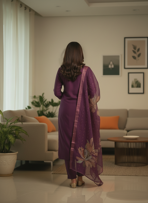 Deep Eggplant Purple Suit with Traditional Zari Work