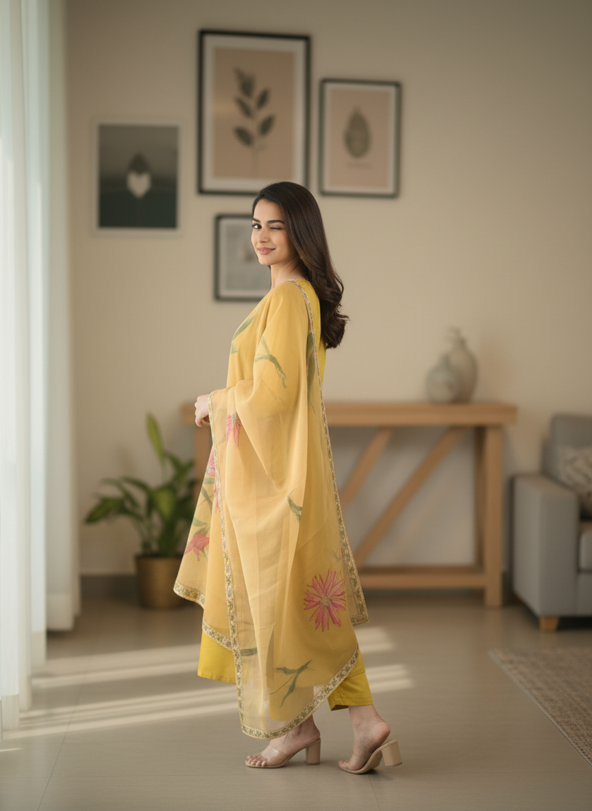 Sunshine Yellow Rayon Set with Large Floral Print Dupatta