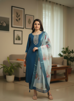 Peacock Blue Rayon Suit with White Floral Dupatta