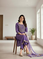 Elegant Lavender Rayon Set with Scalloped Hem