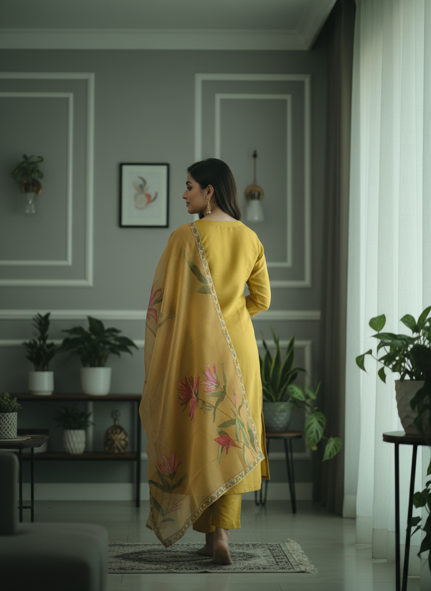 Sunshine Yellow Rayon Set with Large Floral Print Dupatta