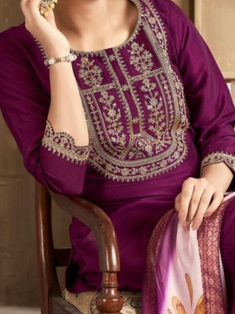 Plum Purple Kurti Set with Lace Detail & Floral Dupatta