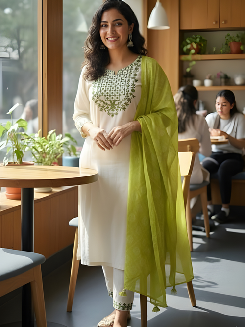 Cream & Lime Green Rayon Suit with Geometric Patterns