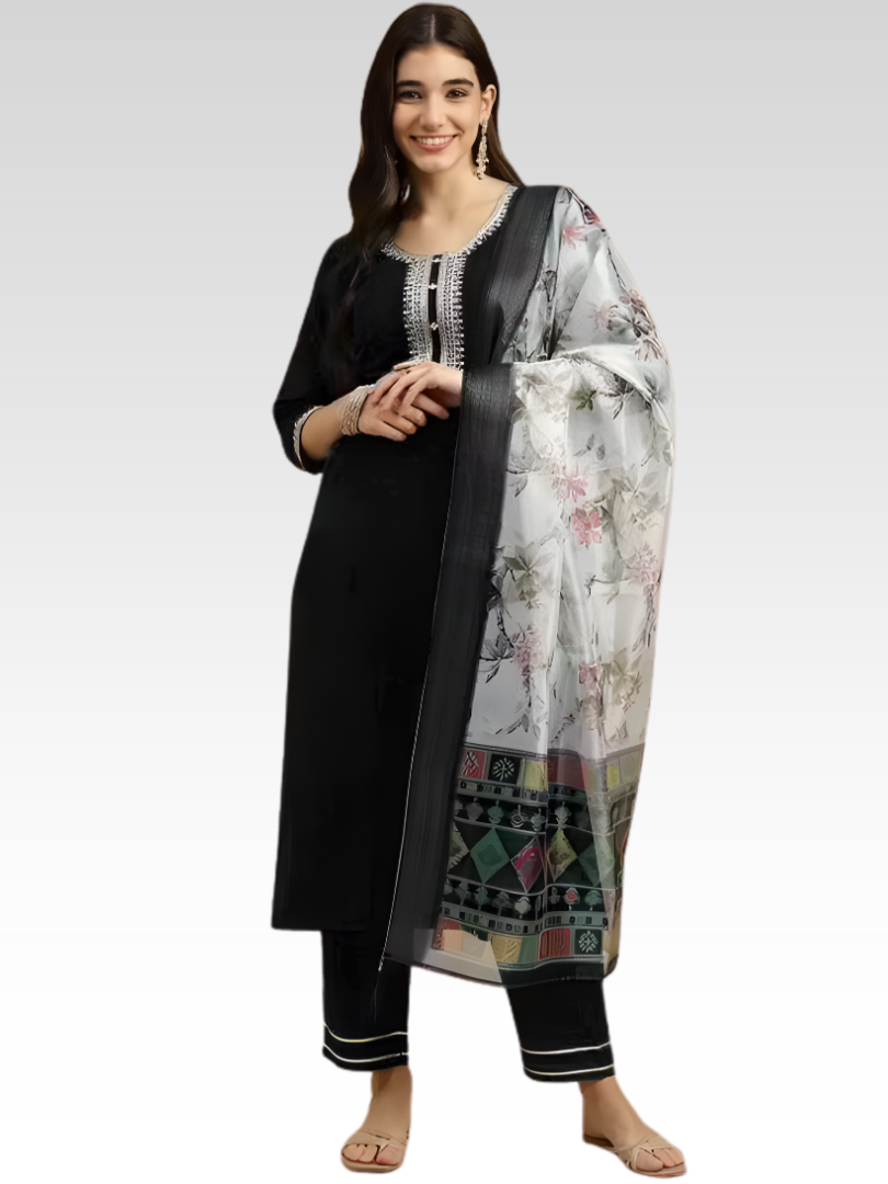 Timeless Black Rayon Suit with Geometric Border Dupatta
