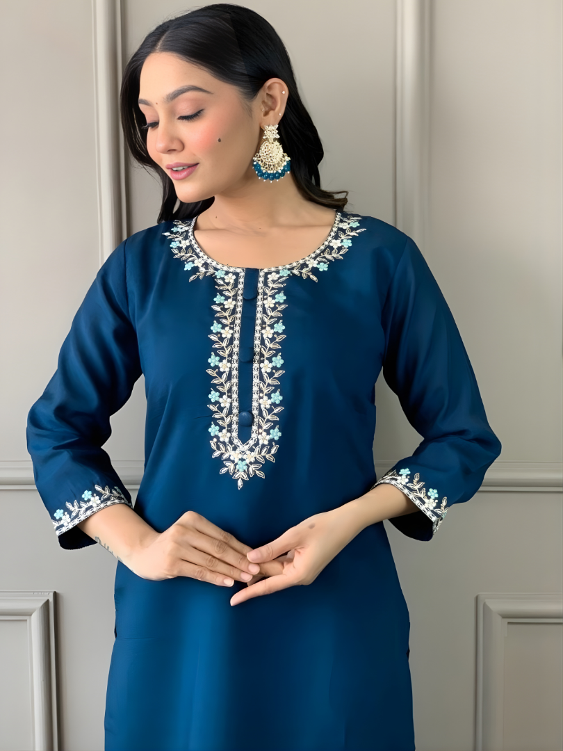Petrol Blue Rayon Suit with Silver Zari Border Dupatta