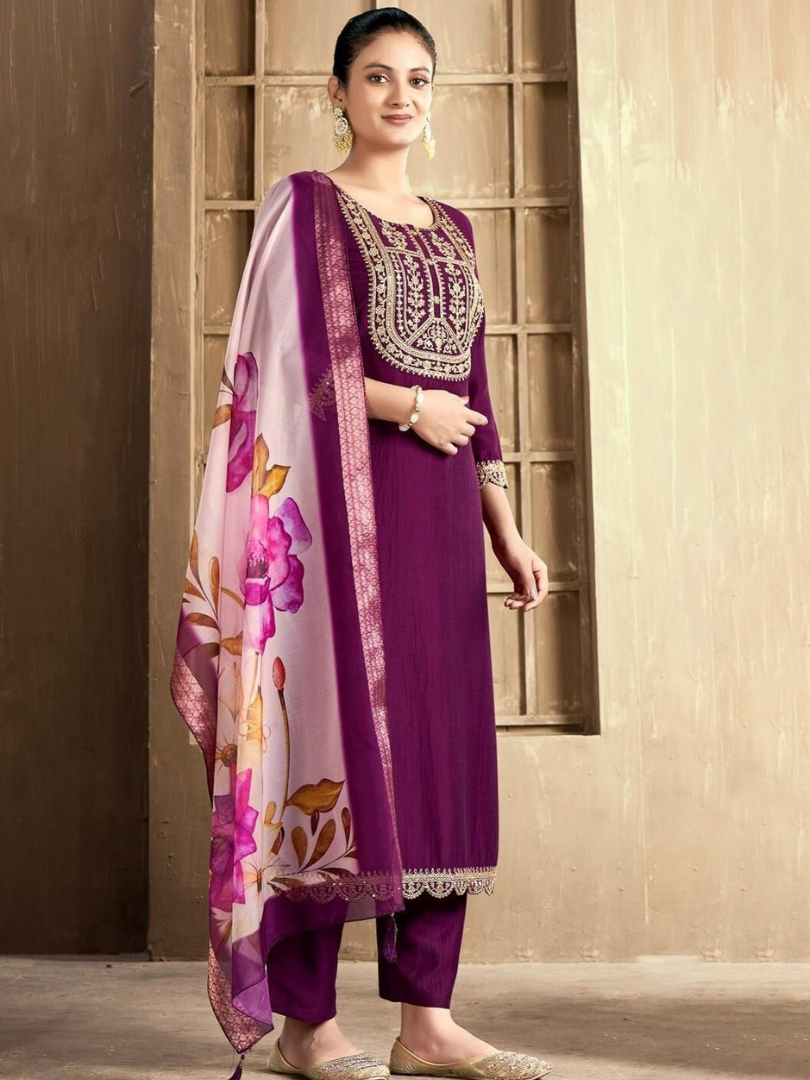 Plum Purple Kurti Set with Lace Detail & Floral Dupatta