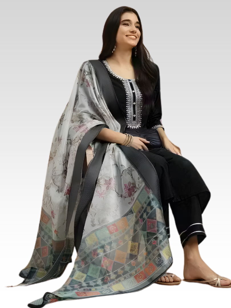 Timeless Black Rayon Suit with Geometric Border Dupatta