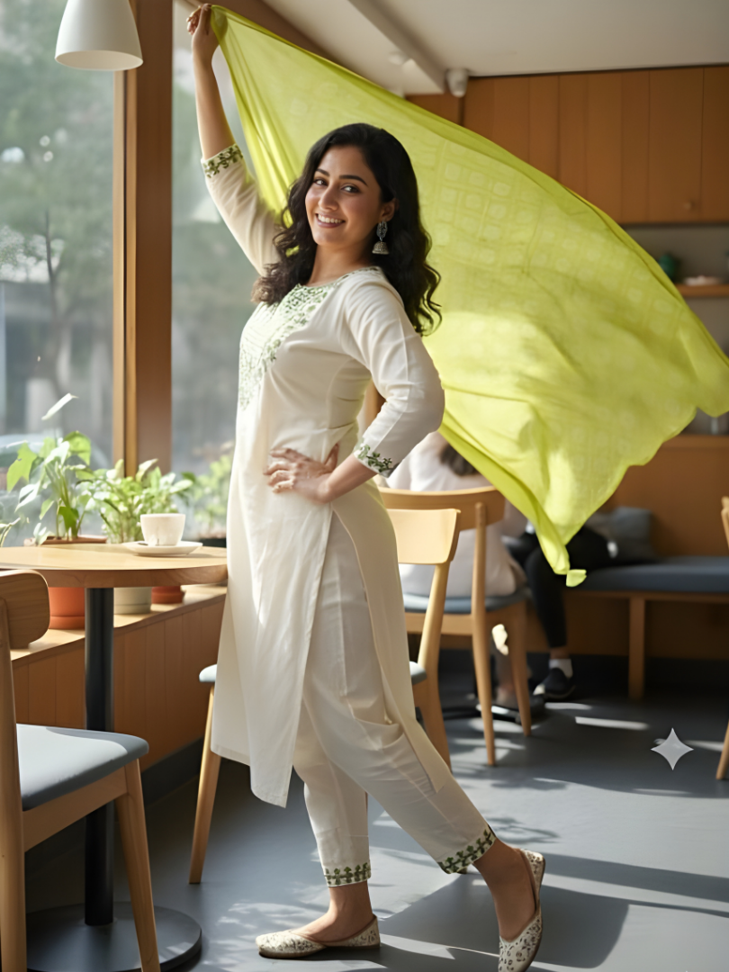 Cream & Lime Green Rayon Suit with Geometric Patterns