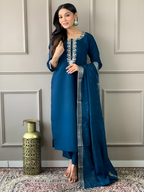 Petrol Blue Rayon Suit with Silver Zari Border Dupatta