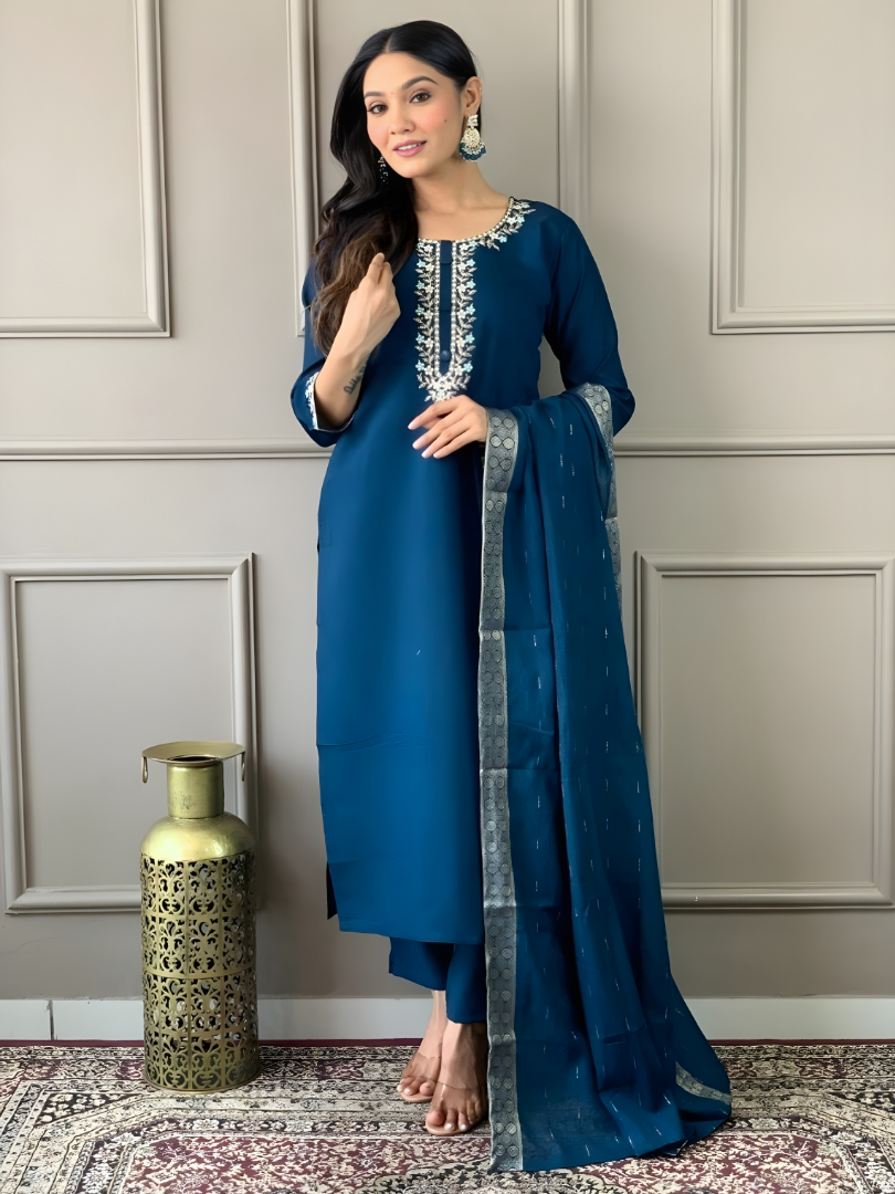 Petrol Blue Rayon Suit with Silver Zari Border Dupatta