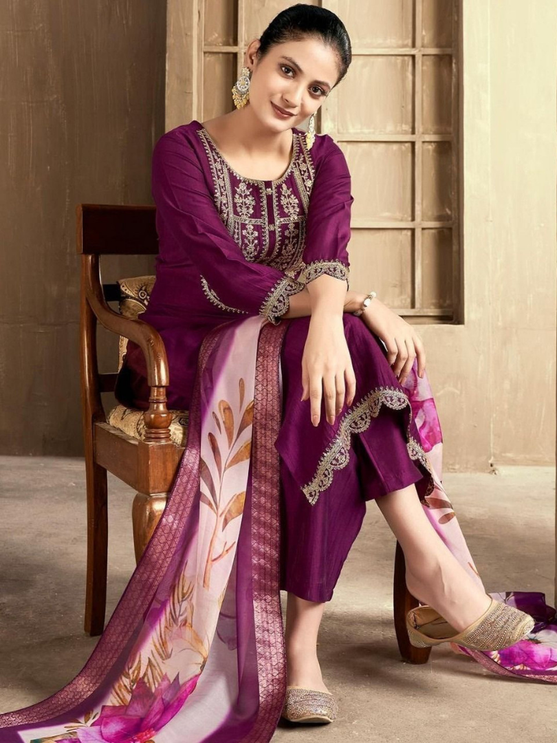 Plum Purple Kurti Set with Lace Detail & Floral Dupatta