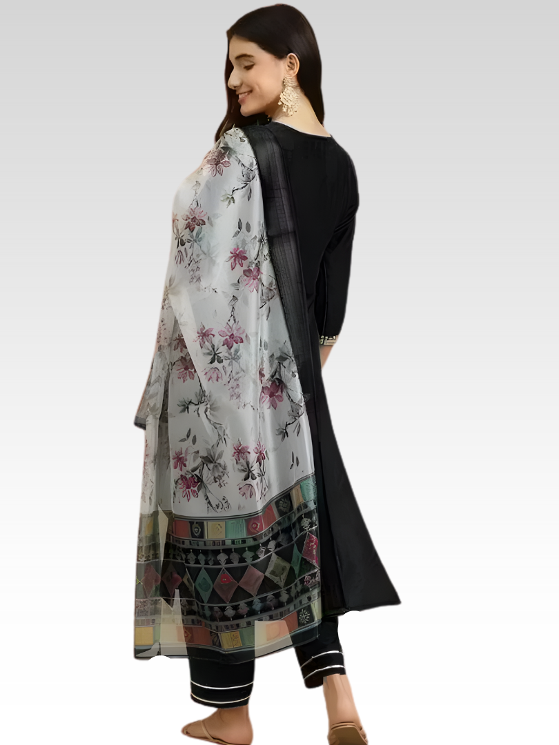 Timeless Black Rayon Suit with Geometric Border Dupatta