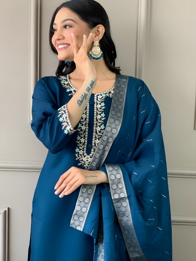Petrol Blue Rayon Suit with Silver Zari Border Dupatta
