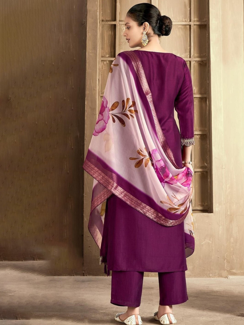 Plum Purple Kurti Set with Lace Detail & Floral Dupatta