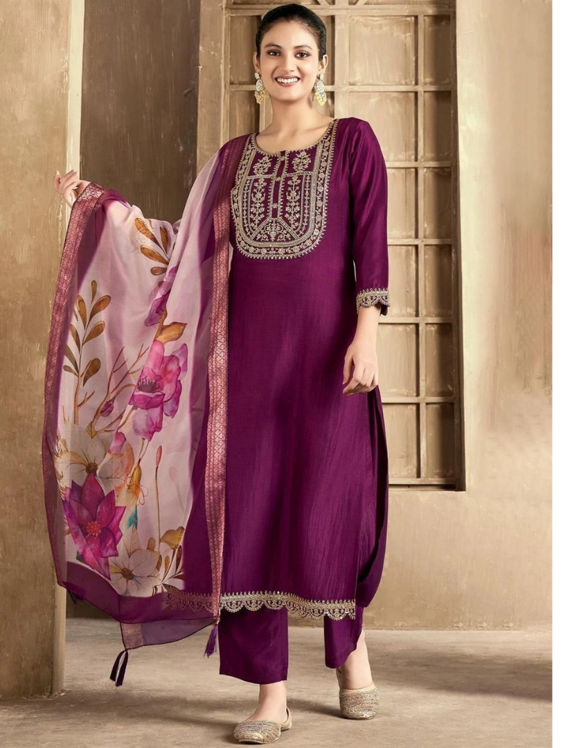 Plum Purple Kurti Set with Lace Detail & Floral Dupatta
