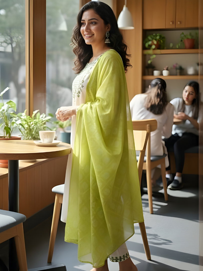 Cream & Lime Green Rayon Suit with Geometric Patterns