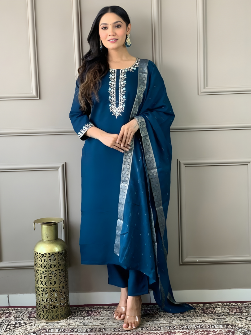 Petrol Blue Rayon Suit with Silver Zari Border Dupatta