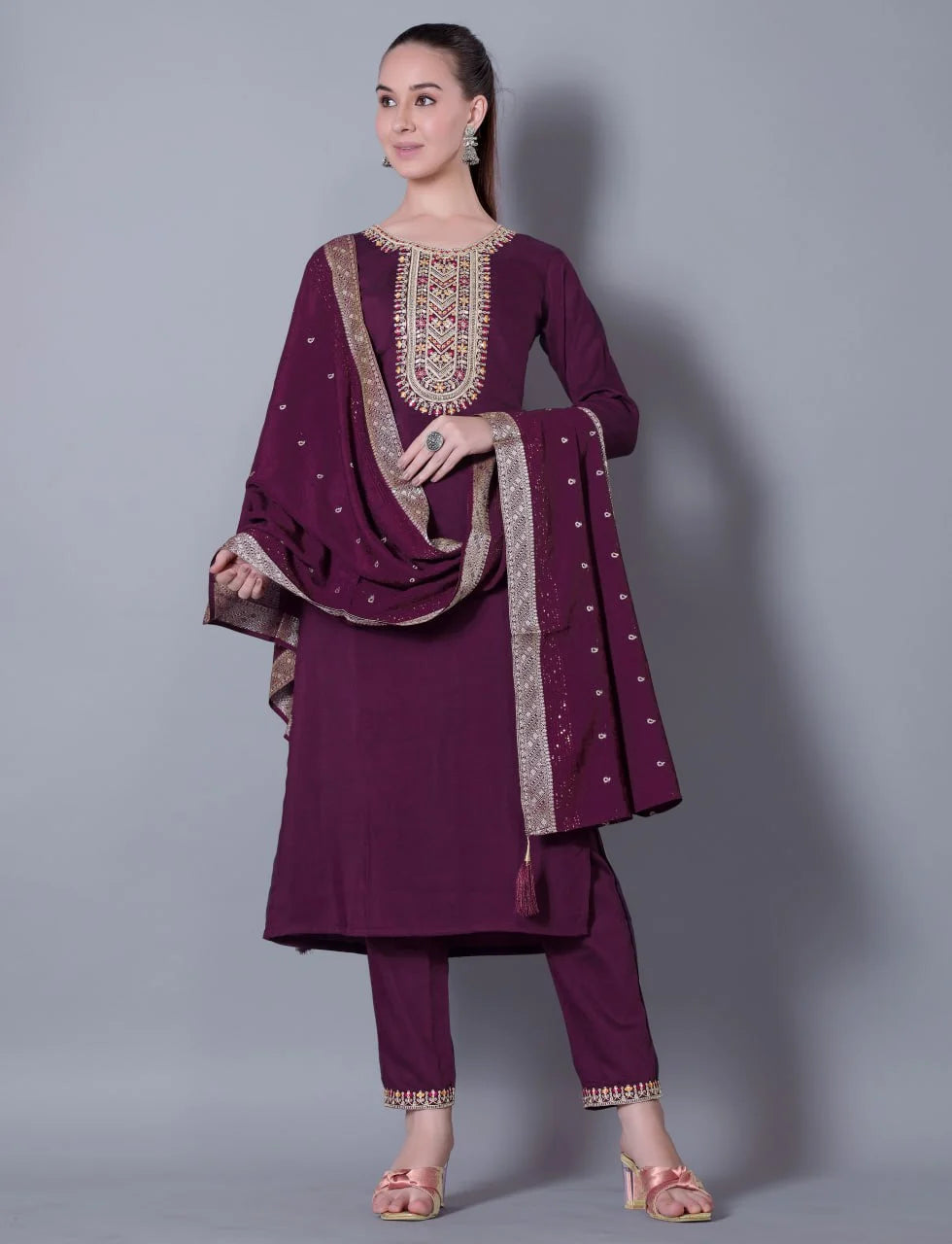 Embroidered Wine Maroon Silk Blend 3-Piece Kurta Pant Set with Jacquard Dupatta