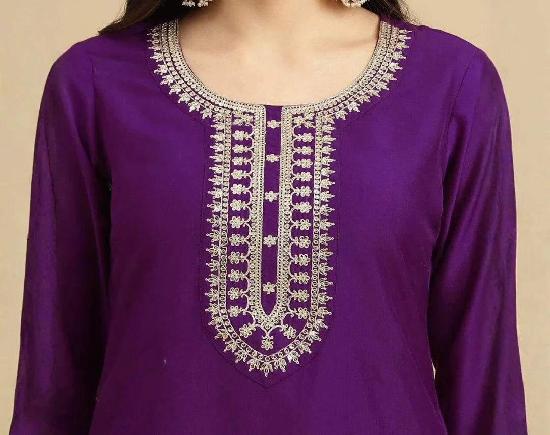 Regal Violet Rayon Suit with Contrast Cream Dupatta