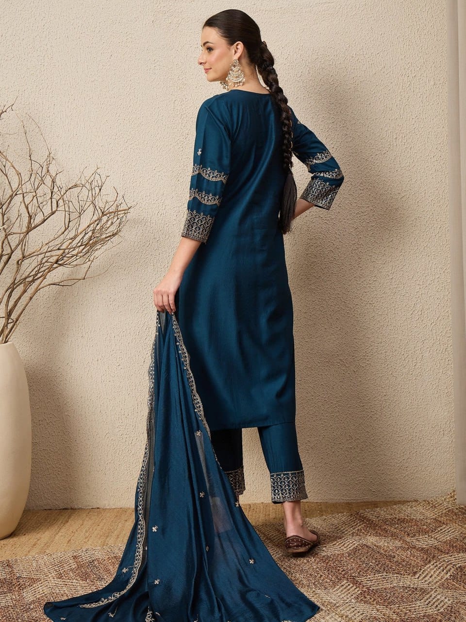 Embroidered Roman Silk 3-Piece Suit Set with Dupatta