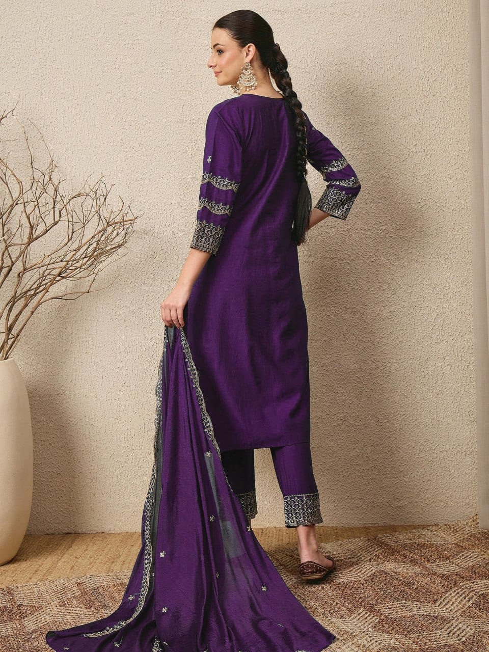 Embroidered Roman Silk 3-Piece Suit Set with Dupatta
