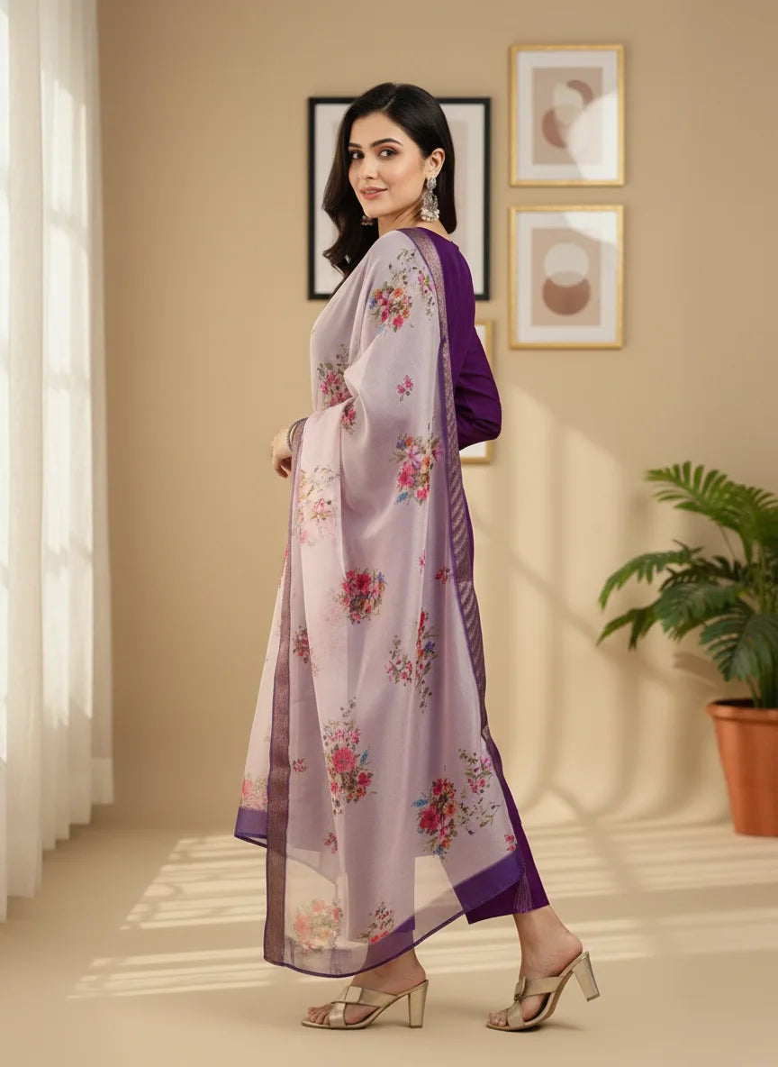 Regal Violet Rayon Suit with Contrast Cream Dupatta