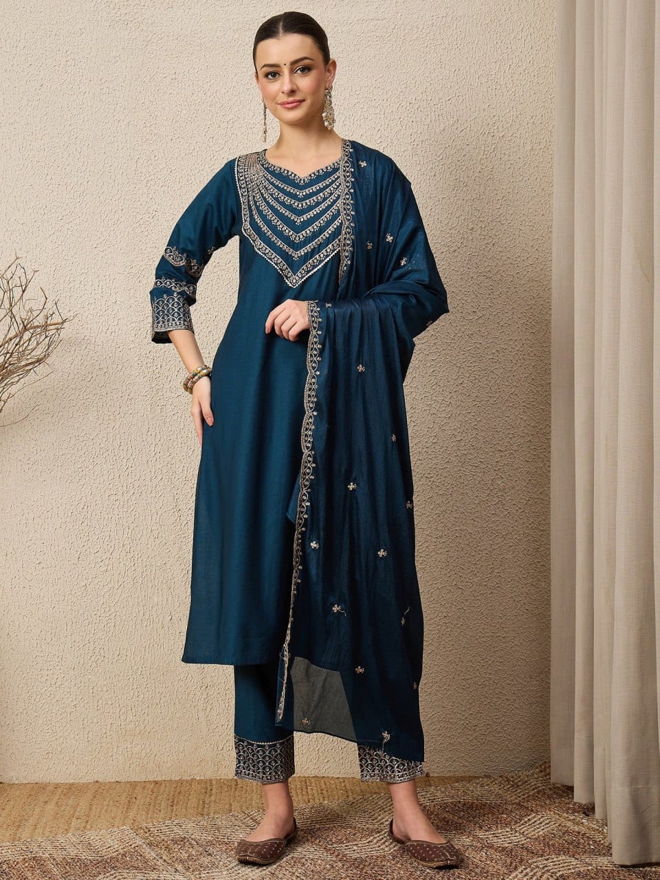 Embroidered Roman Silk 3-Piece Suit Set with Dupatta