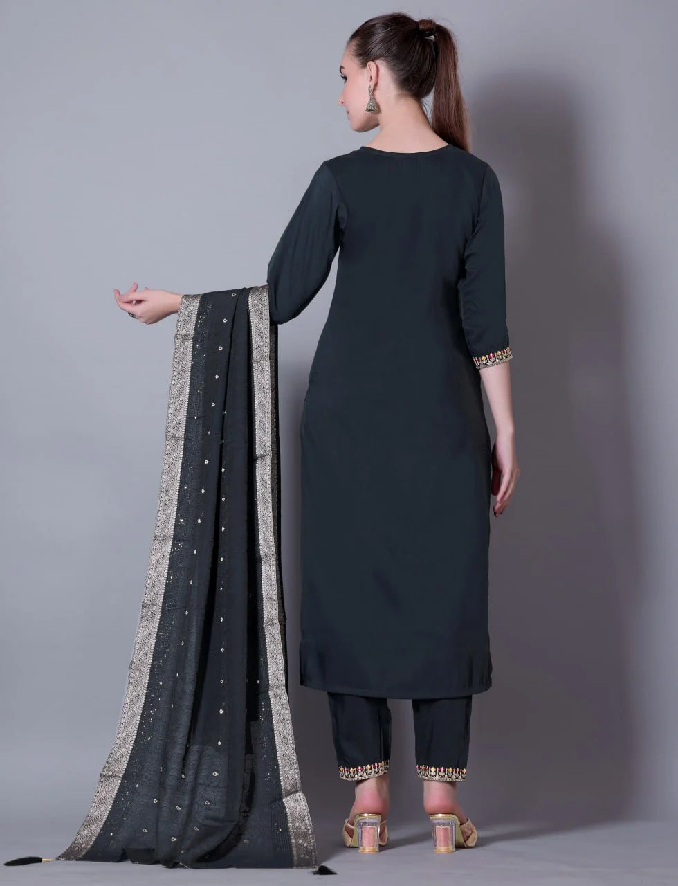 Embroidered Black Silk Blend 3-Piece Kurta Pant Set with Jacquard Dupatta