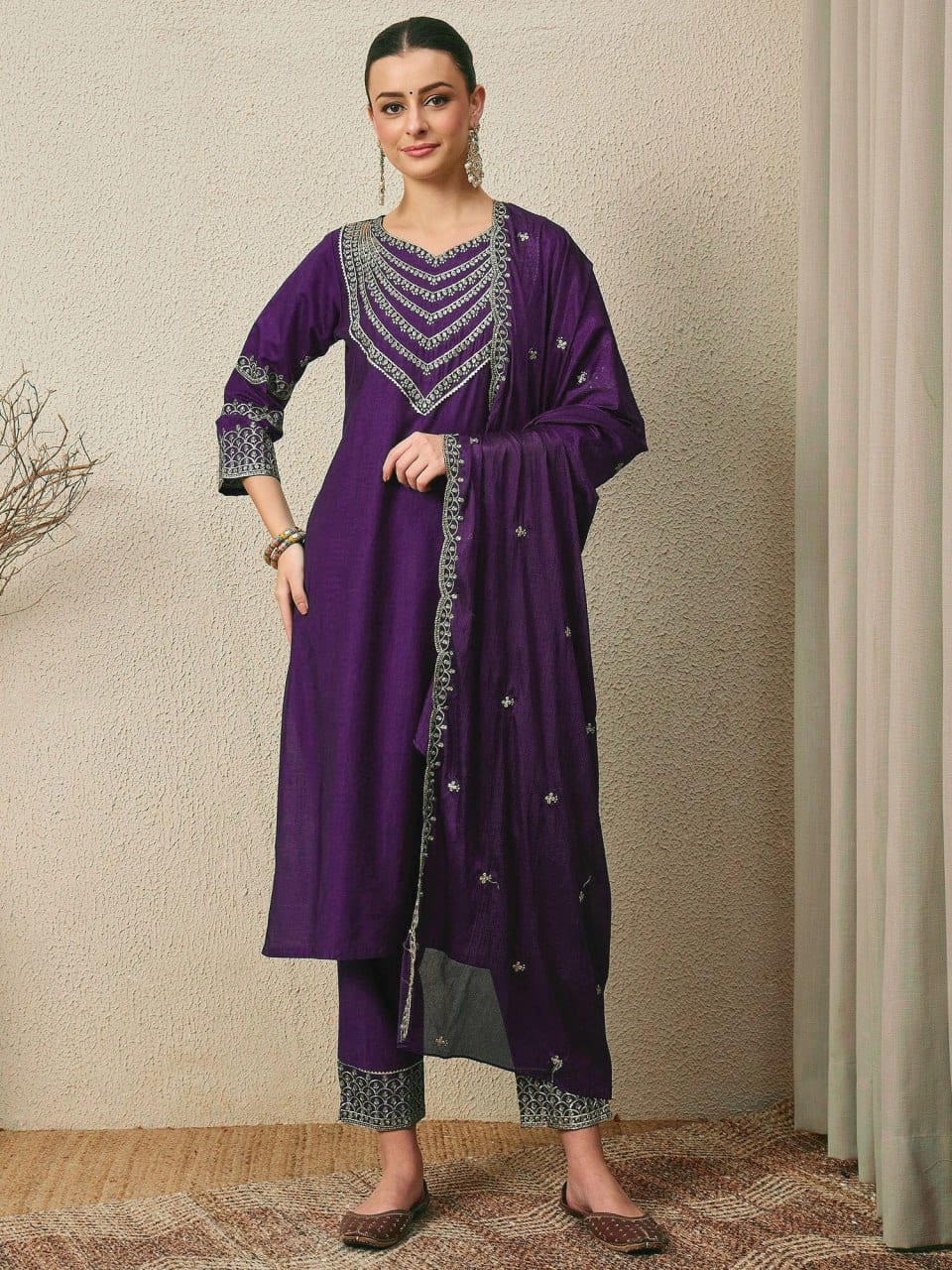 Embroidered Roman Silk 3-Piece Suit Set with Dupatta