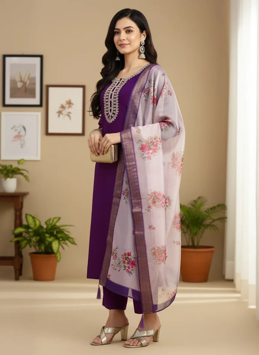 Regal Violet Rayon Suit with Contrast Cream Dupatta