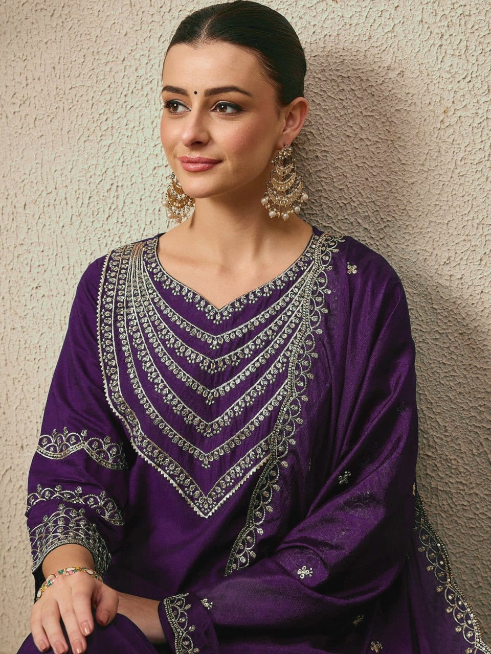 Embroidered Roman Silk 3-Piece Suit Set with Dupatta