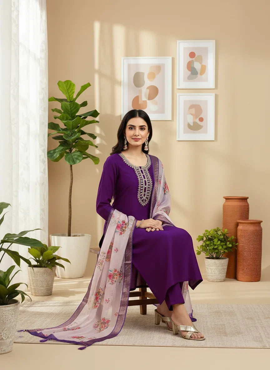 Regal Violet Rayon Suit with Contrast Cream Dupatta