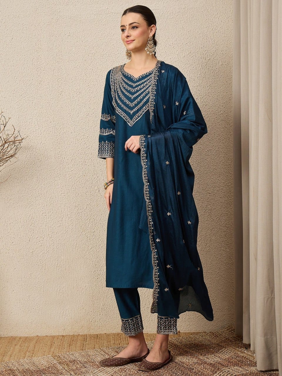 Embroidered Roman Silk 3-Piece Suit Set with Dupatta