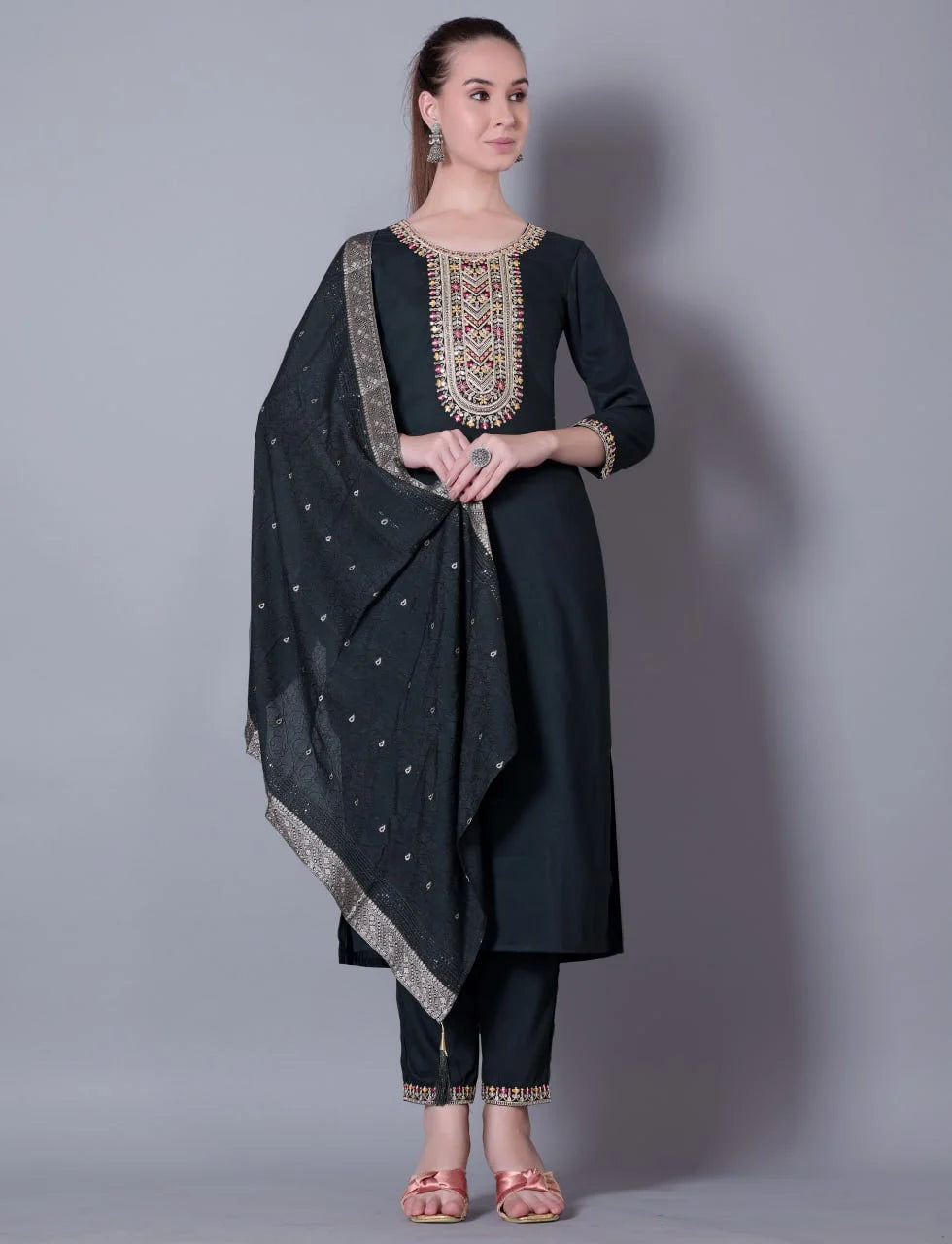 Embroidered Black Silk Blend 3-Piece Kurta Pant Set with Jacquard Dupatta