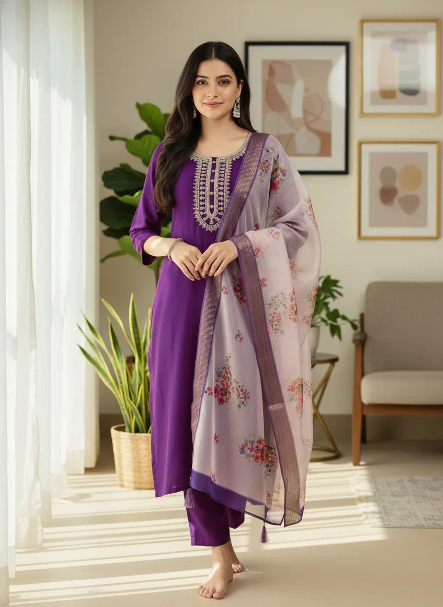 Regal Violet Rayon Suit with Contrast Cream Dupatta