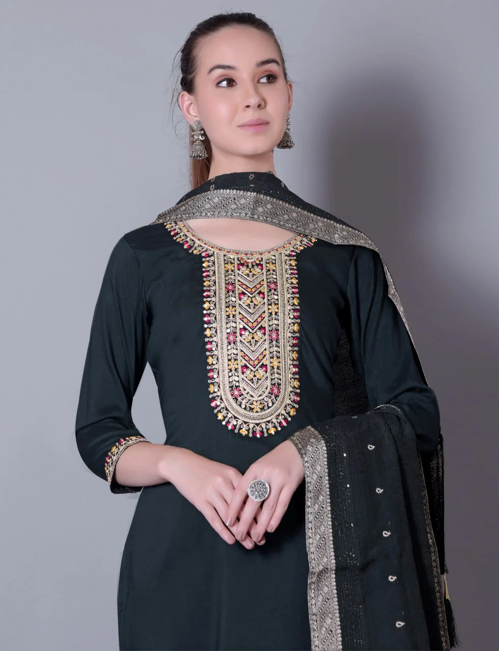 Embroidered Black Silk Blend 3-Piece Kurta Pant Set with Jacquard Dupatta